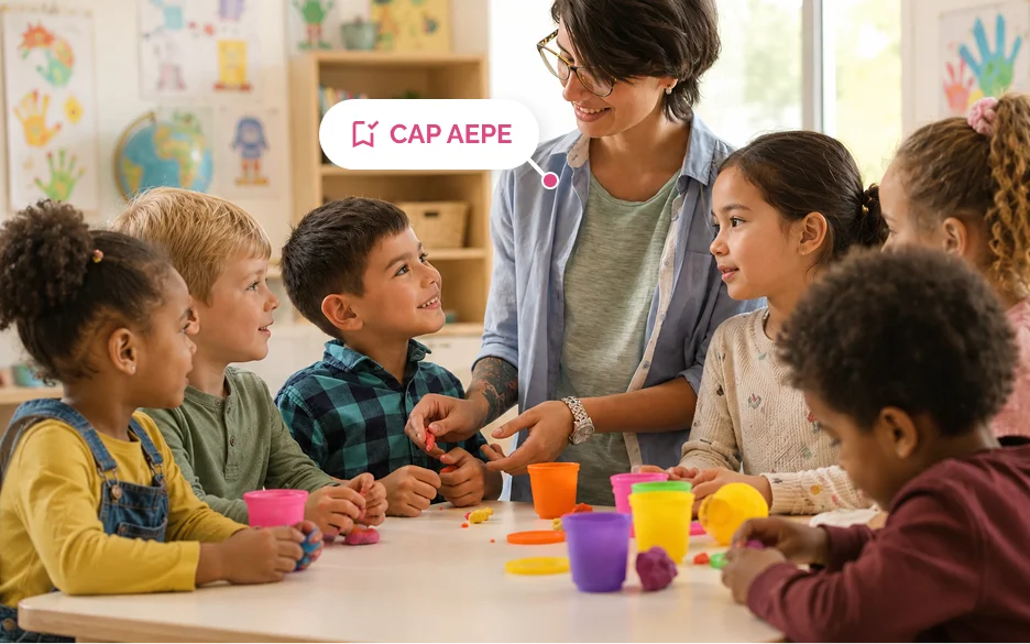 Professionnelle animant une activité de pâte à modeler avec un groupe d'enfants en crèche