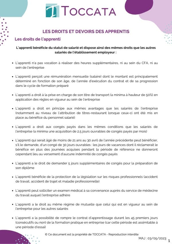 Première page du document « droits devoirs apprentis »