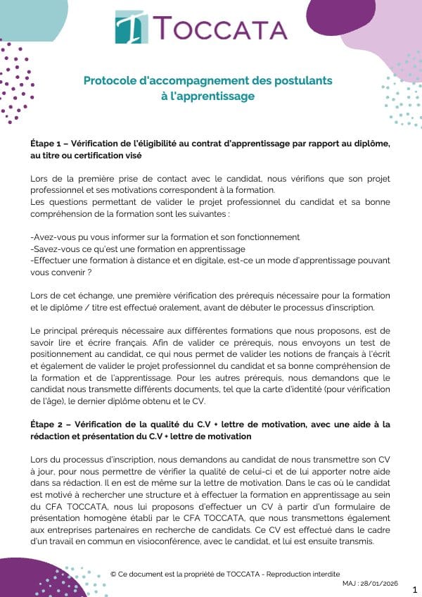 Première page du document « protocole accompagnement postulants apprentissage »