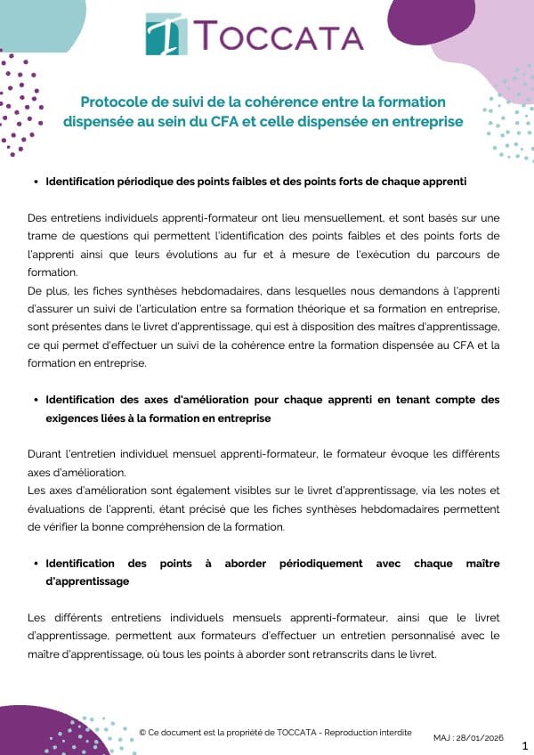 Première page du document « protocole suivi coherence formation dispensee CFA entreprise »