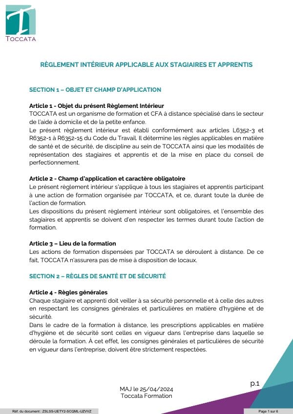 Première page du document « reglement interieur apprentis »